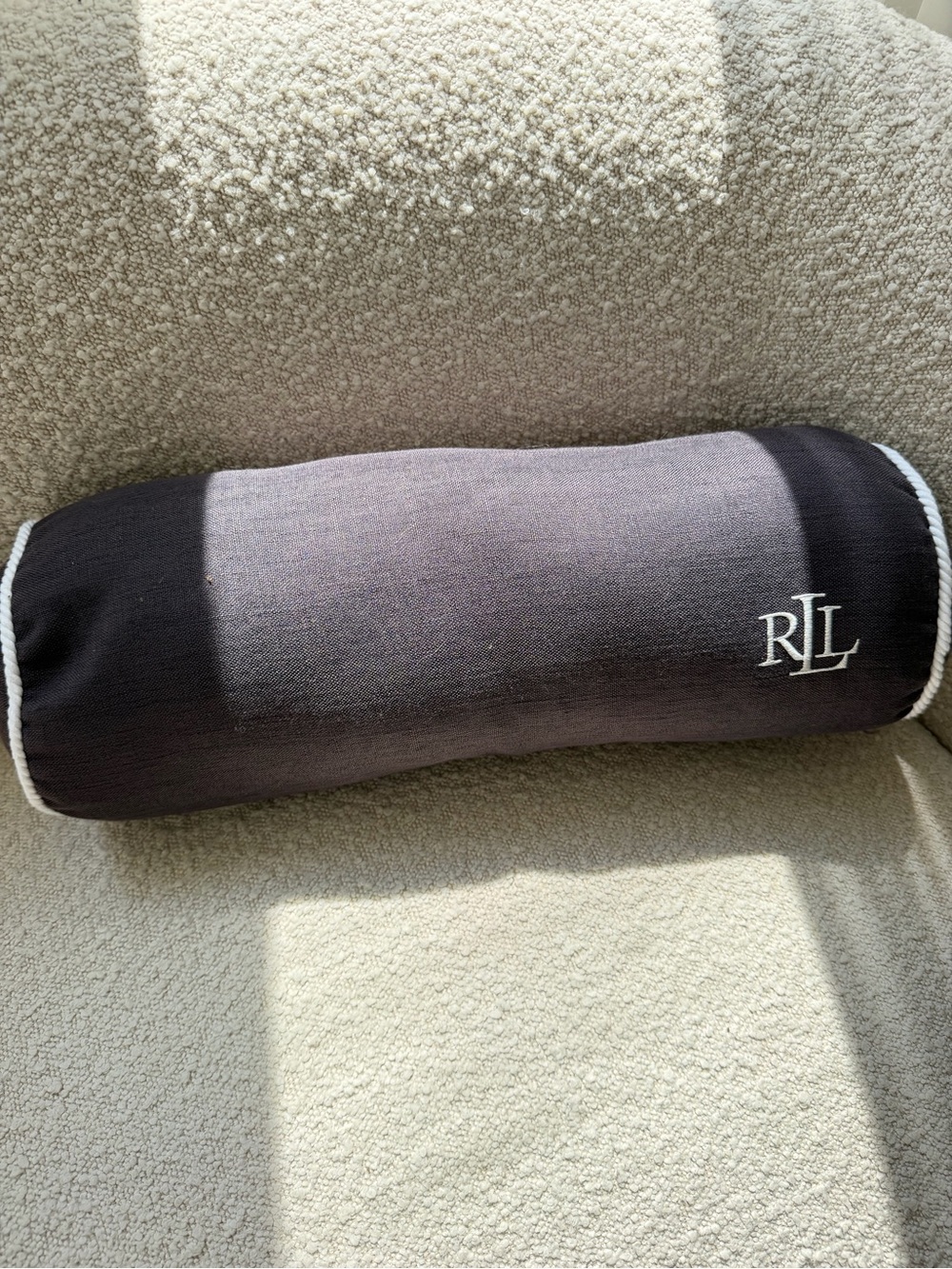 Ralph Lauren Black Bolster Pillow with White Trim and Embroidered RLL